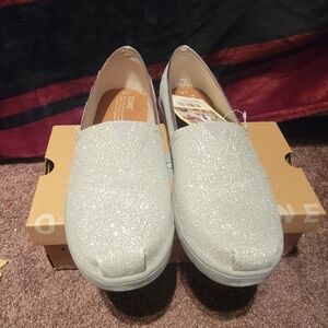 Toms Glittery Silver Kids Flats Size 6